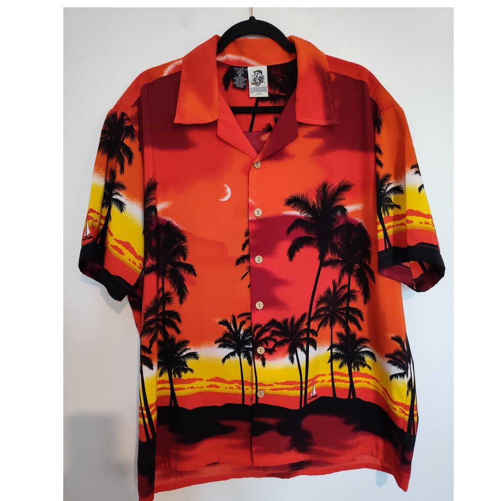 Kennington Ltd California Mens XL Sunset Palm Tree Tropical Hawaiian Shirt Red
